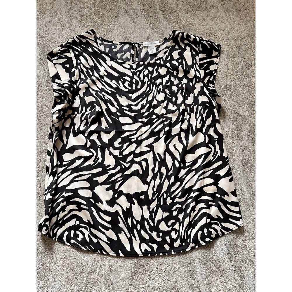 Cupcakes and Cashmere Black/Cream Print Stretch Blouse Cap Sleeve Size XL‎